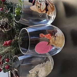 Peir One set of three stemless wine glasses with painted festive party cats